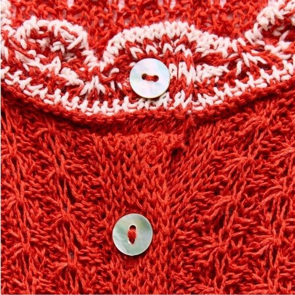 Zara Red White Pointelle Knit Scallop Hem Mini Dress Small Blogger Favorite - Picture 7 of 15